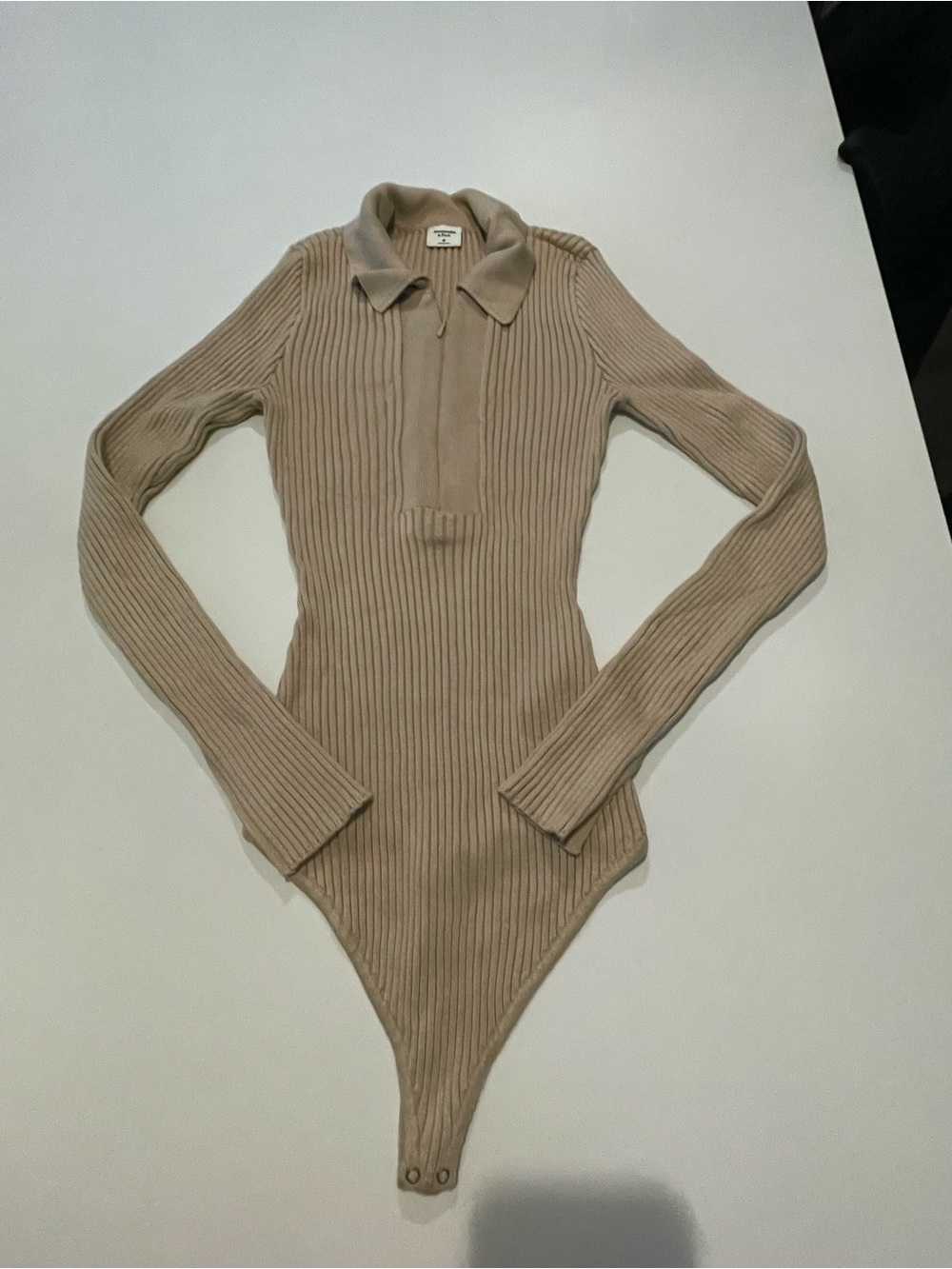 Abercrombie and Fitch Ribbed Sweater Long Sleeve Collared Bodysuit Beige Medium